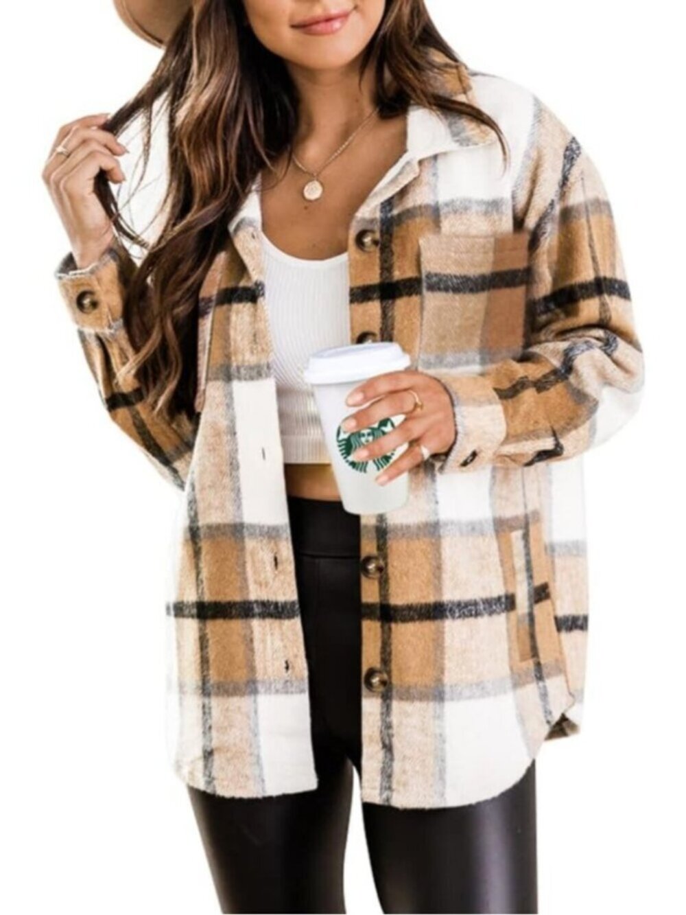 Women's Caramel Fall Plaid Long Sleeve Bust Pocket Button Down Flannel Shacket